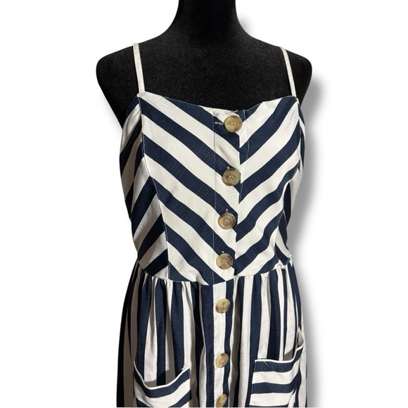 Style House Navy/White Stripe Sleeveless Button Down Front Midi Dress w/ Pockets - Picture 3 of 16